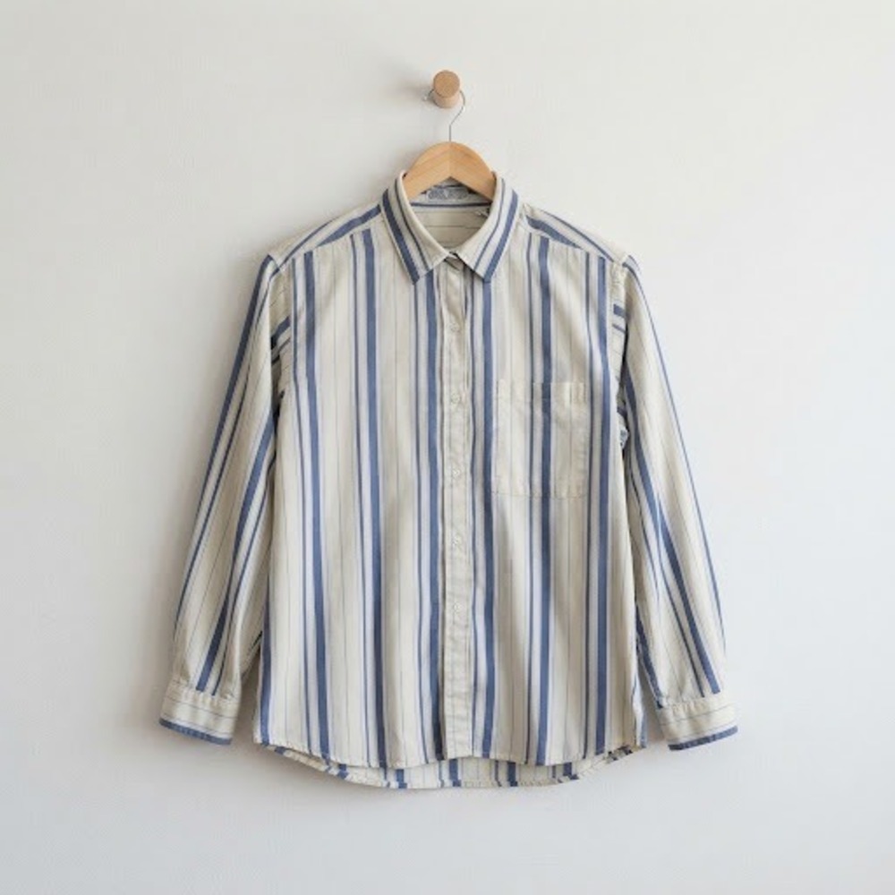 Vintage DVF Diane von Furstenberg Striped Button Shirt 14 Blue White 90s Minimal